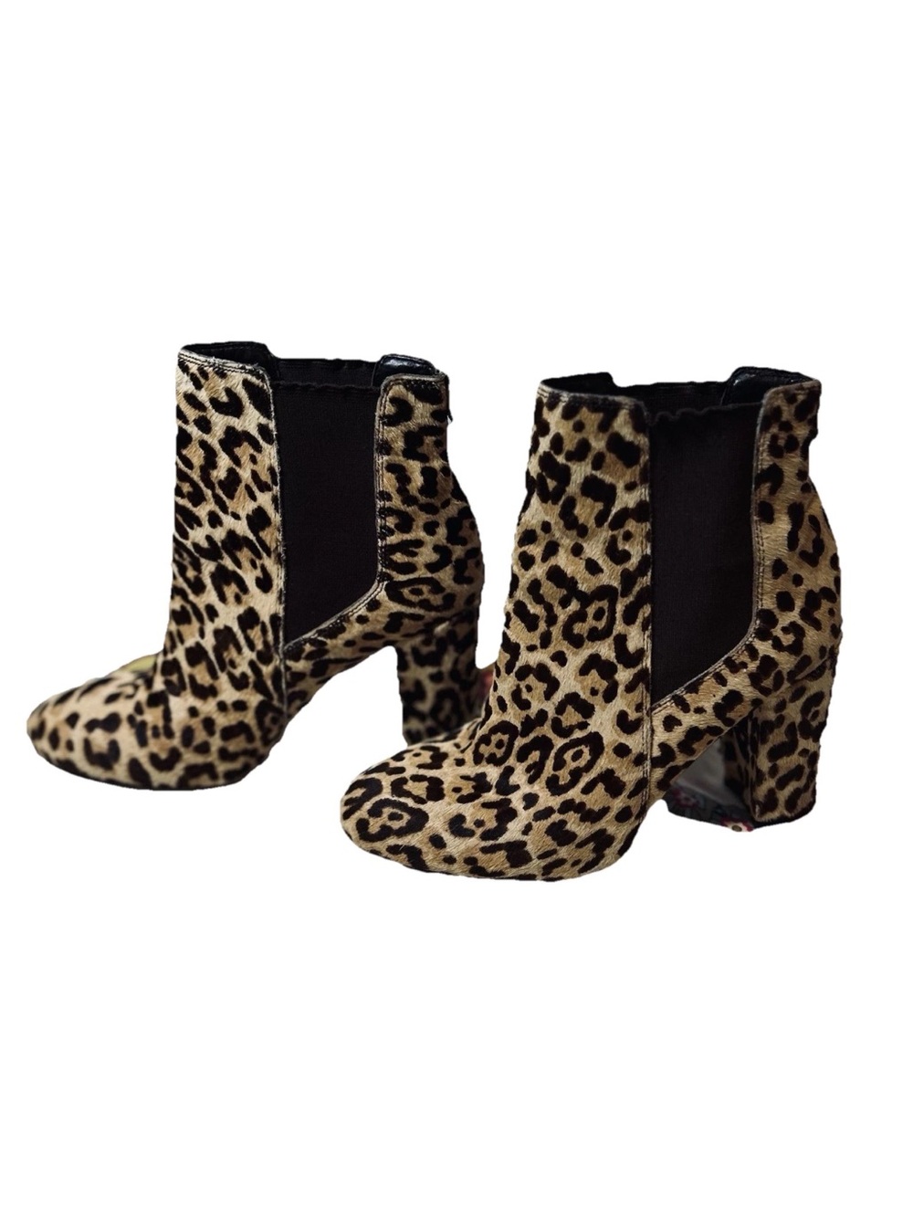 Sam Edelman Case Leopard Calf Hair Chelsea Ankle Boots Block Heel Animal Print